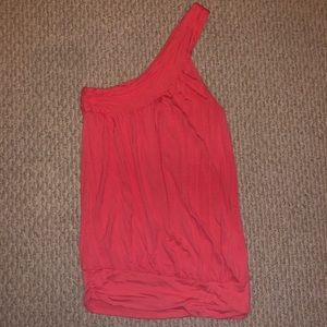 One shoulder coral colored top